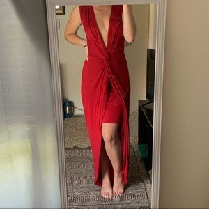 Plunge Neck High/Low Red Dress